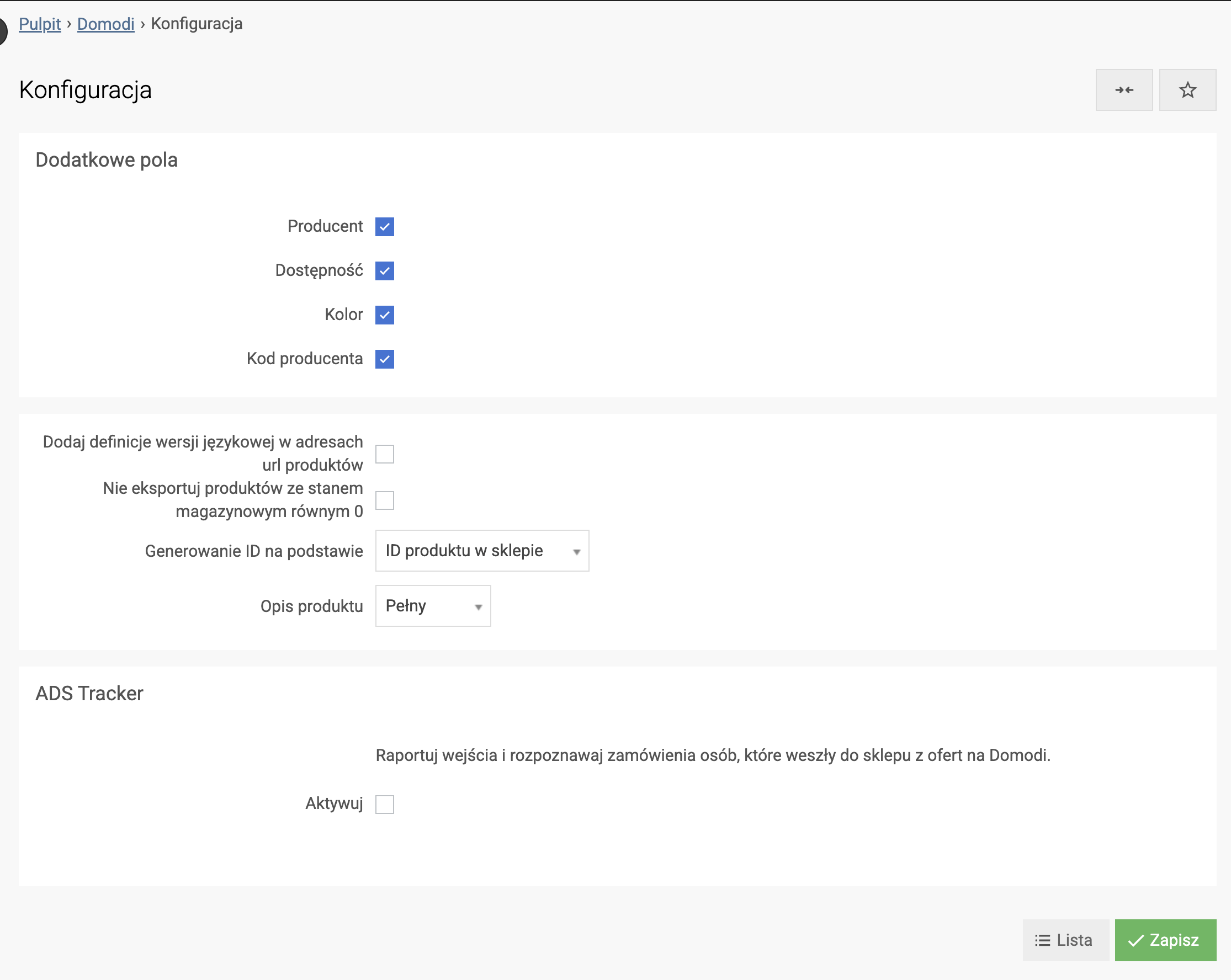 Konfiguracja w panelu SOTESHOP - generowanie pliku dla Domodi